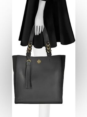 Tory Burch Black Pebble Leather Brooke Tote with Gold Chain-Accent Straps